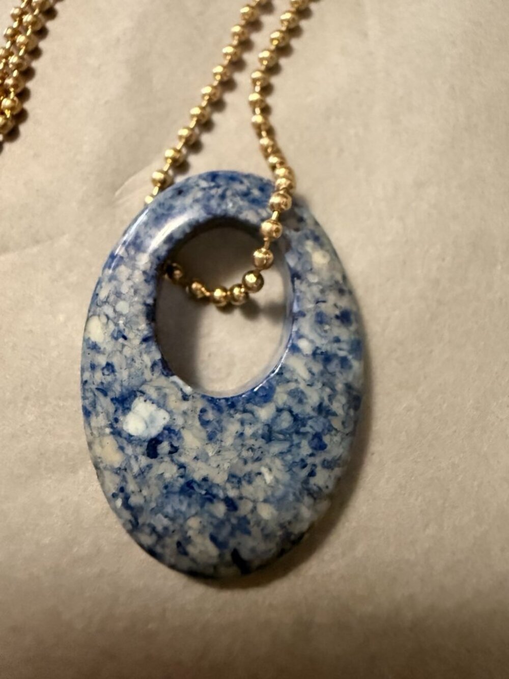Blue & White Stone Oval Pendant Necklace Gold Tone Long Ball Chain